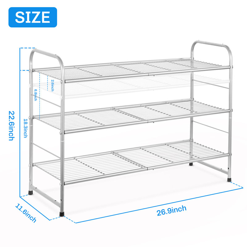 Étagère à chaussures 3 niveaux 9 paires en métal empilable, range-chaussures extensible réglable en hauteur, Argent