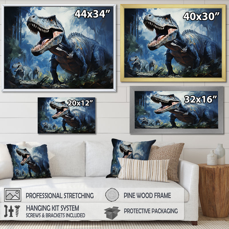 Ancien dinosaure bleu et gris I - art de mur de dinosaure, Cadre d'angle fermé noir, H 16 po x l 32 po x P 1 po