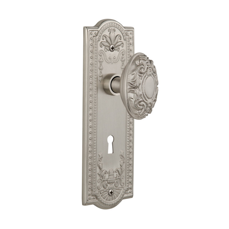 Bouton de porte de mortaise intérieure avec plaque longue victorian Meadows, Nickel satiné