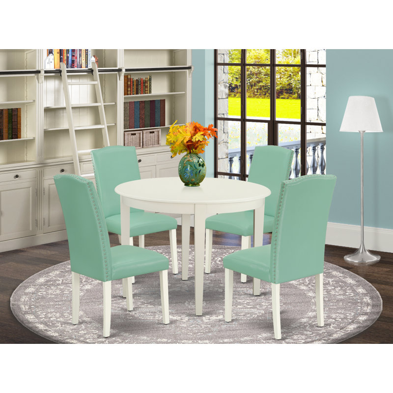 L'ensemble de table de salle à manger 3 pièces comprend une table de cuisine ronde et 2 chaises Parson rembourrées en similicuir, 42 x 42 pouces, blanc lin