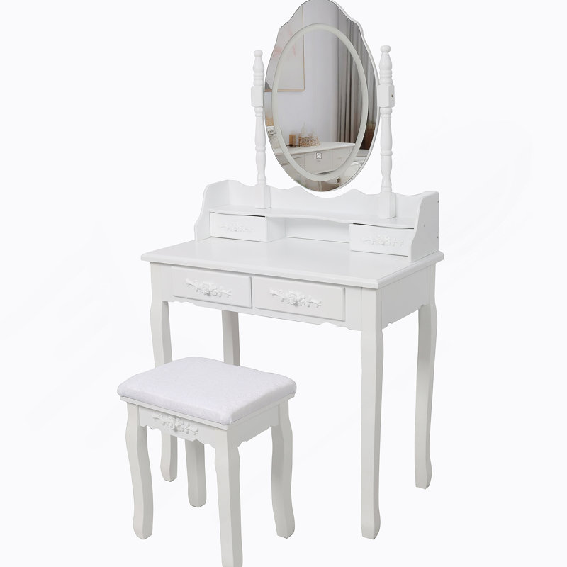 Vanity Desk Set With LED Light Mirror And Cushioned Stool For Bedroom, White