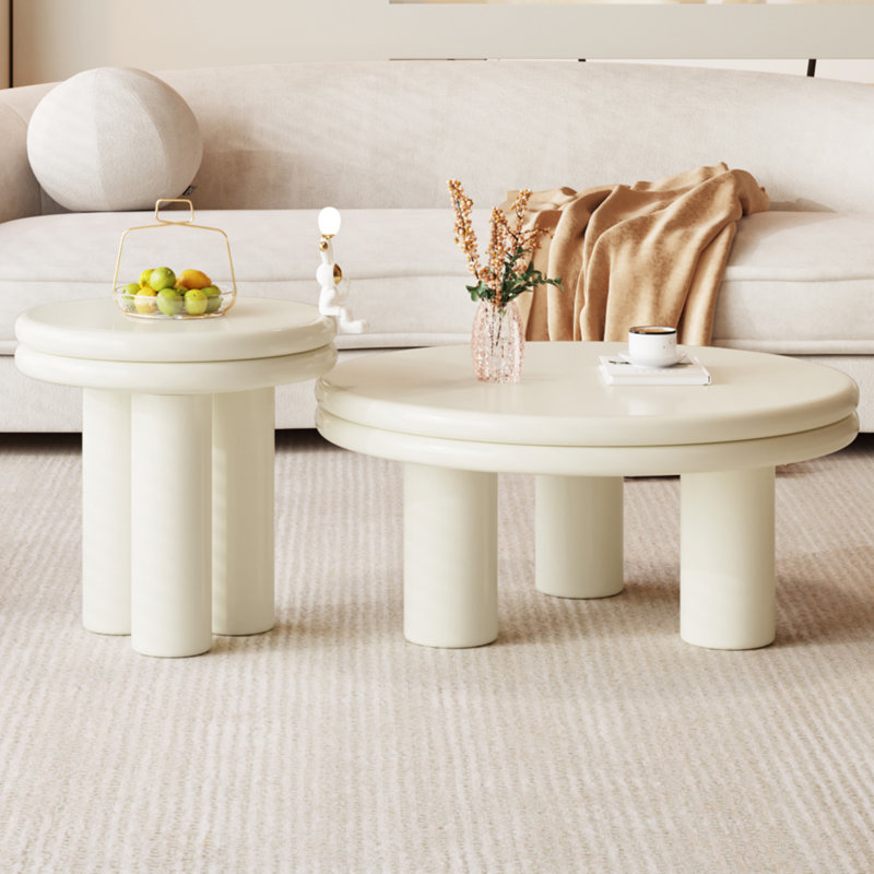 Round Coffee Table Set,Modern Nesting Coffee Table,Cream White 2 In 1 Living Room Coffee Table