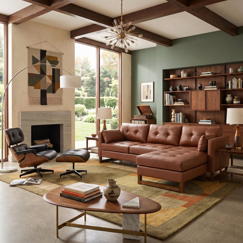 Amando 101"W Mid-Century L-Shape Genuine Leather Reversible Modular Sectional Sofa, Brown Genuine Leather
