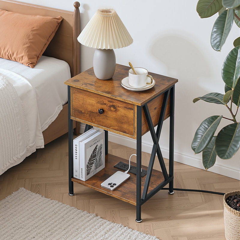 Industrial Brown Nightstand with Charging Station, Rustic Bedside Table, Individual, Rustic Brown