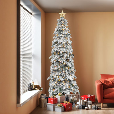 7.5 ft/9ft/11ft Prelit Artificial Palm Shaped Snow Flocked Pencil Christmas Tree, Holiday Tree with, Lighted Artificial Christmas Tree with Pine Cones Decorations
