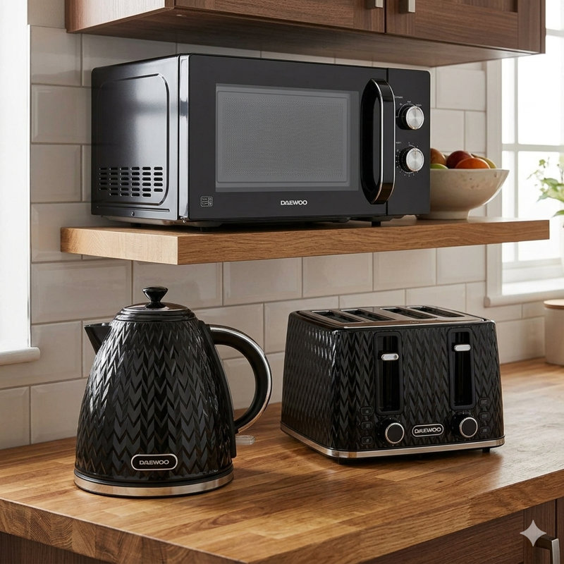 Daewoo Argyle Black Matching Kettle, 4-Slice Toaster & 23L Microwave Set