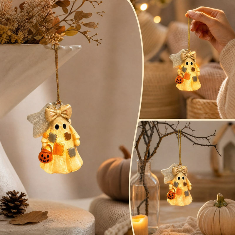 Décoration d'Halloween : Fantôme lumineux à suspendre, adorable fantôme en patchwork avec citrouille, seau, nœud, étoile, décoration automnale à suspendre au sapin pour la maison, les fêtes et les vacances.