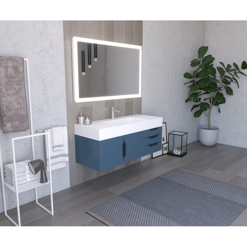 Meuble-lavabo mural simple 48 po avec comptoir à surface solide 48 po, Blanc, Gris, Noir