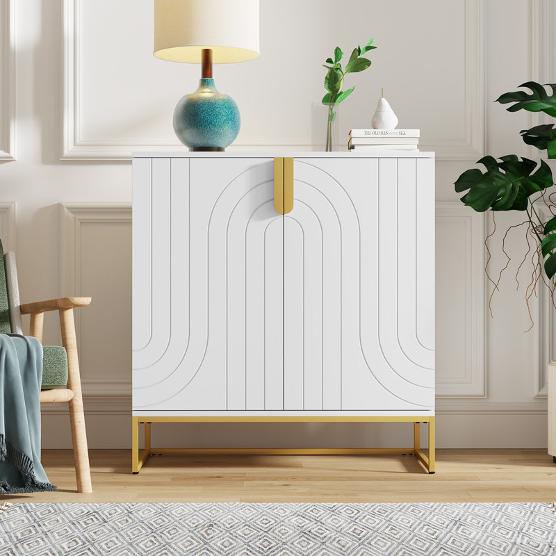 Modern 2-Door Accent Storage Cabinet, Sideboard with Metal Base, Geometric Pattern Buffet Cabinet, MDF, White, 31.7in