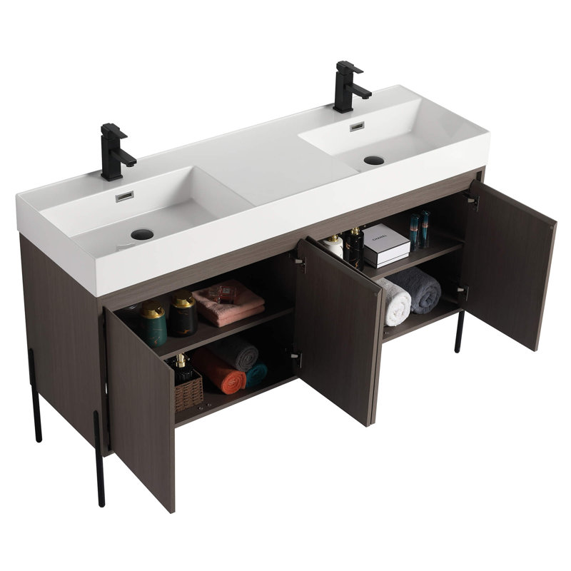 Meuble-lavabo double 60 po Ebord Designs Yordana Ebern Designs, Blanc, Chêne gris