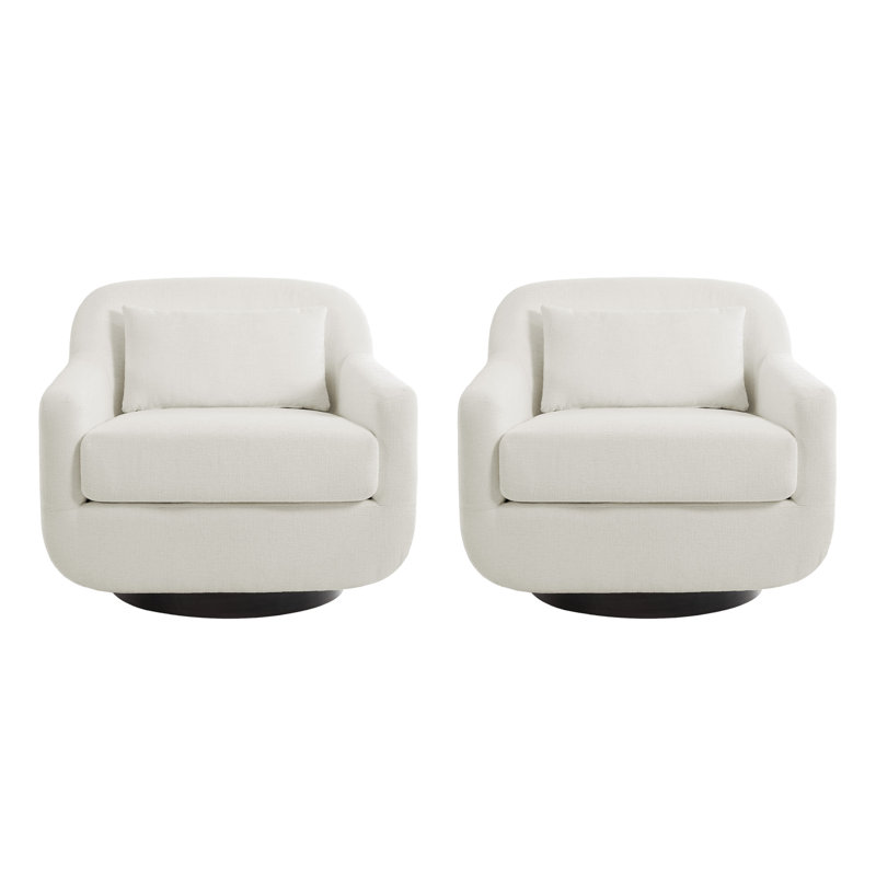 Upholstered Beige Chenille Swivel Oversized Lounge Armchair With Pillow And Metal Base (Set of 2), Beige