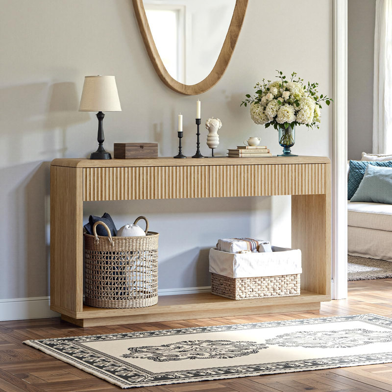 59'' Entryway Table With Drawers, Boho Fluted Console Table, Sofa Table With Storage, Oak Wood