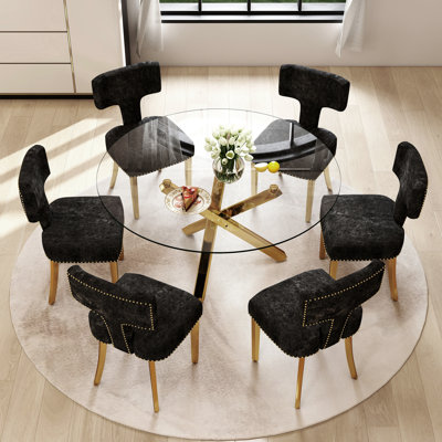 Modern Clear Round Pedestal Dining Set with Chenille Dininig Chair