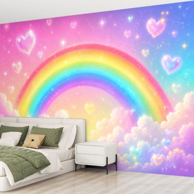 Wall Mural Peel and Stick Wallpaper Holographic fantasy rainbow clouds Pastel colour sky Magical landscape Self-Adhesive Removable Contact Paper Wall Decor for Living Room Bedroom 69"H x 96"W