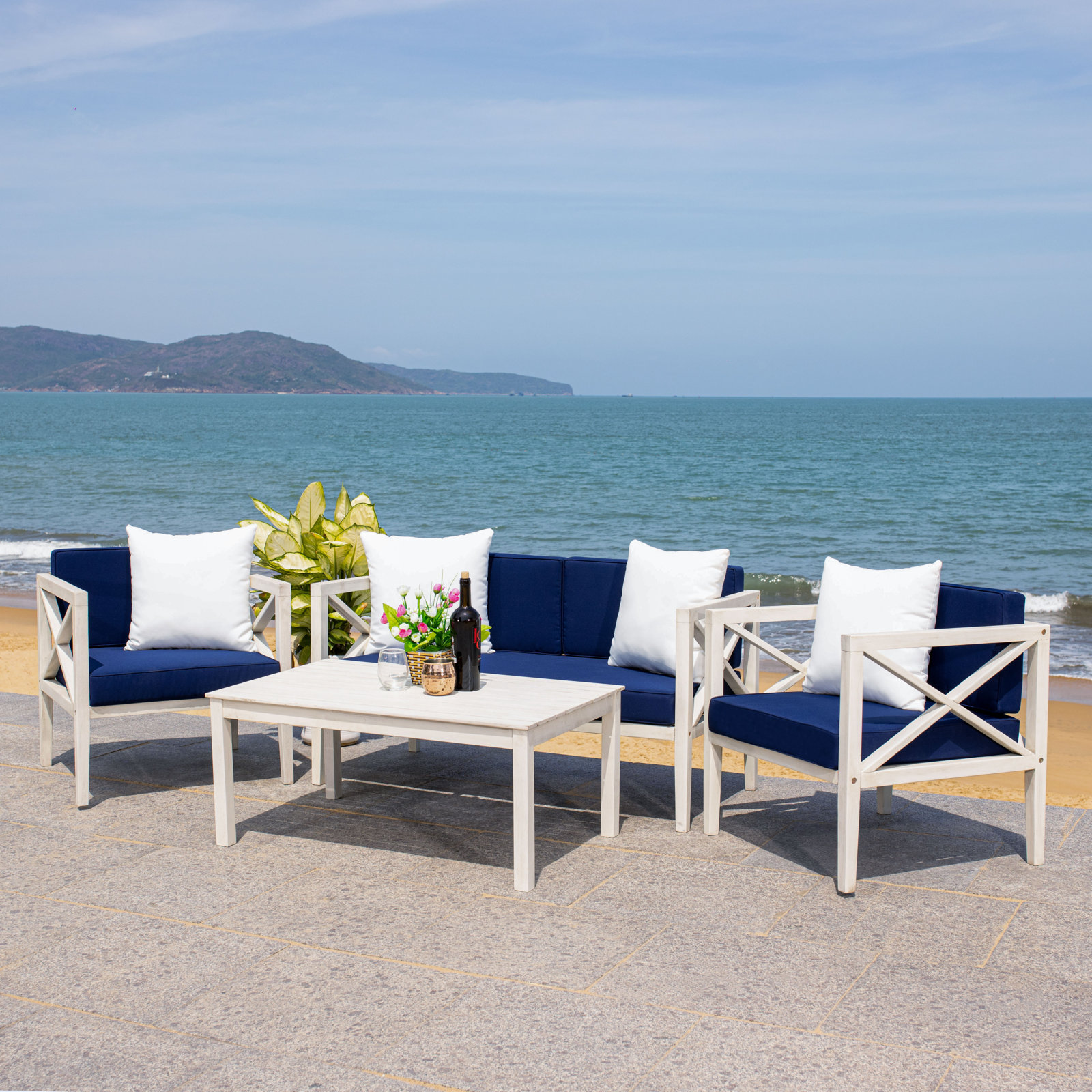 Mondovi Eucalyptus 4 - Person Patio Conversation Set with Cushions, Grey Wash Frame/Navy Cushion, White