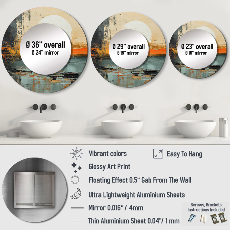 Modern Modern Mystic Sunrise I - miroir mural unique Coastal, miroir rond gris, impression d'art en métal, 23 po x 23 po