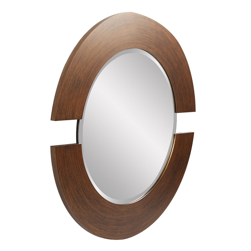 Agatie Round Beveled Wall Mirror with Partial Wood Frame, Copper
