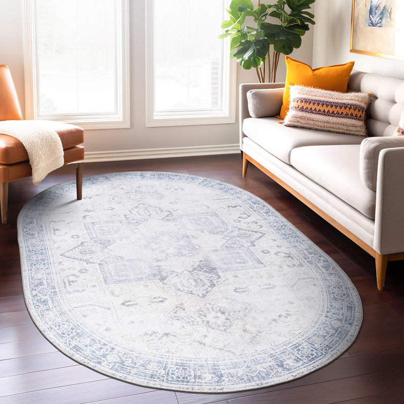 Somona Machine Washable Oriental Flatweave Performance Blue/Ivory Area Rug, Oval 5' x 7'