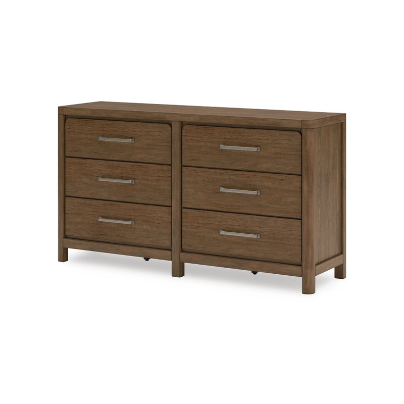 Commode large 6 tiroirs Cabal, poignées en étain vieilli, brun clair émaillé