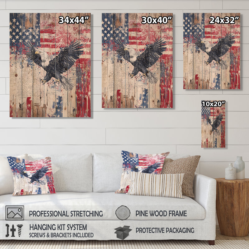 Patriotisme, aigle et drapeau américain, paysage I, H 44 po x l 34 po x P 0,78 po