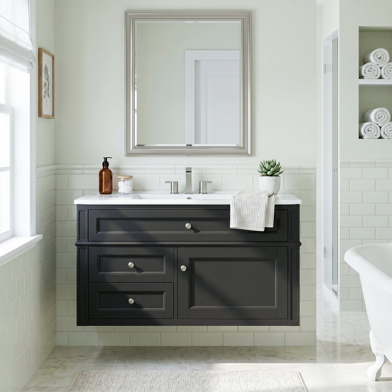 Meuble-lavabo mural en bois aggloméré 36 po à fermeture en douceur intégré avec tiroirs et lavabo simple en céramique à 3 trous 36 po