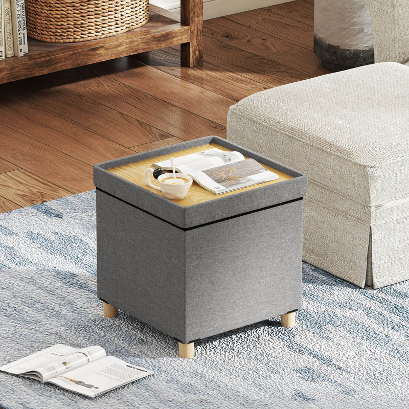 1 repose-pieds 18 pouces avec rangement, plateau et pieds en bois d'hévéa gris PCS pour petit salon