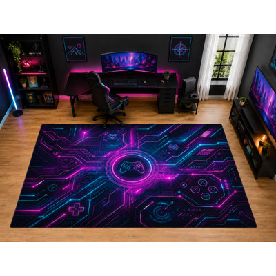Grand tapis de jeu néon à circuit néon de 6 pi 7 po x 9 pi 10 po pour bureau d'enfant, tapis intérieur à poils courts et envers antidérapant en silicone noir