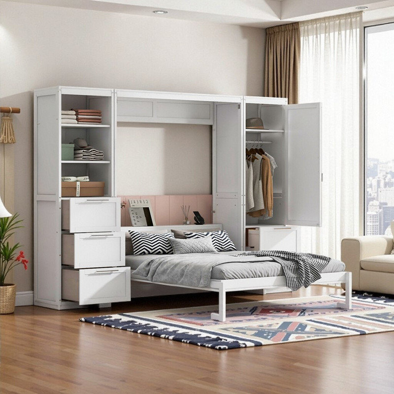 Grand lit escamotable mural avec tiroirs et tablettes de rangement pour garde-robe intégrés - solution de mobilier peu encombrante