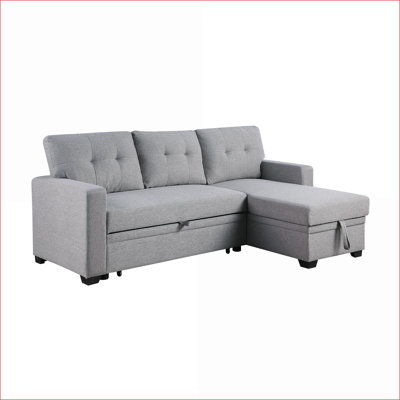Sectional Sofa | Pull Out Sleeper with Storage Chaise | For Overnight Guests & Small Spaces | Light Gray | Linen
