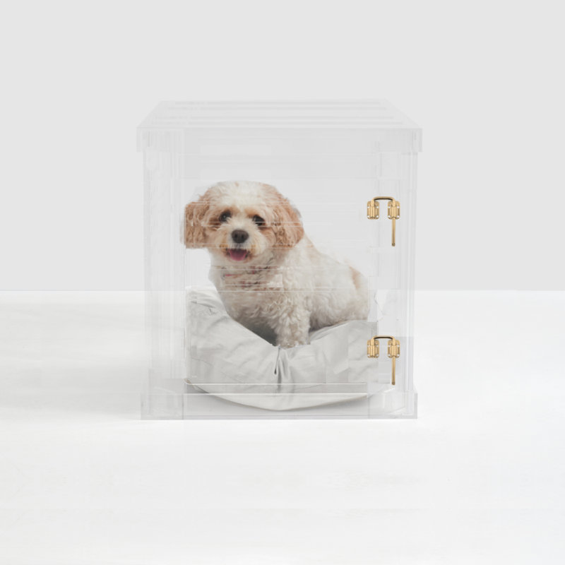 Medium Clear View Pet Crate with Silver Latch, Khaki Cushion, Linen