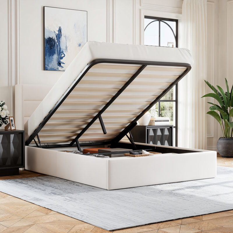 Structure de lit plateforme tapissier avec rangement relevable, Grand lit, Blanc