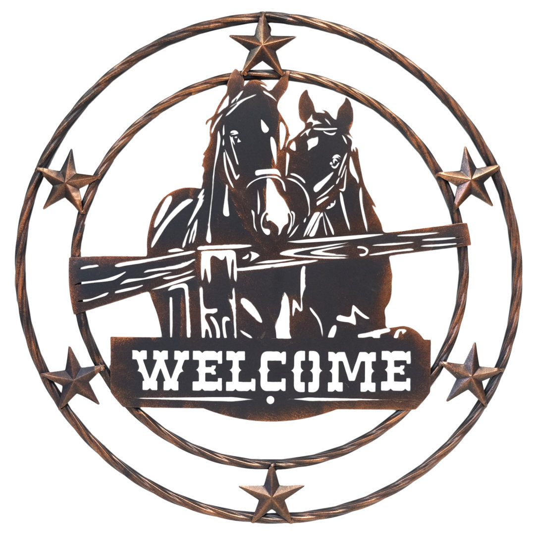 Metal Brown Western Star Horses with Fence Welcome Circle Sign Hanging Wall Décor Union Rustic