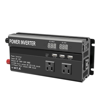 Convertisseur de voiture 12 V à 110 V, inverseur de voiture haute puissance, 3AC + 3USB + 1Type-C, charge rapide, écran LCD, protection de sécurité multiple, convient au camping / extérieur / urgence