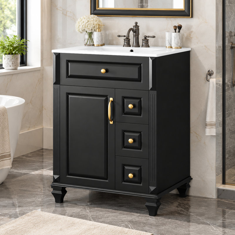 Meuble-lavabo autoportant 24 po avec lavabo et armoire de rangement 24 po, Black