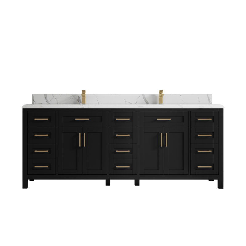 84'' Double Bathroom Vanity with Quartz Top, Black, Calacatta Laza