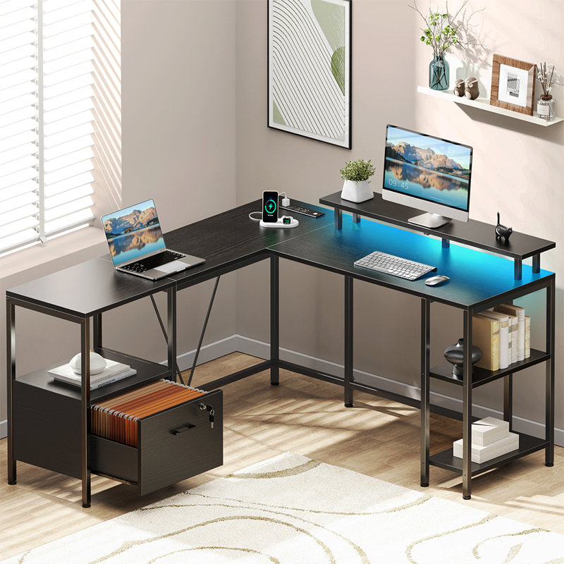 Kymberlyn 54" Reversible L Shaped Computer Desk with Power Outlets, LED Lights, Storage Shelves & File Cabinet, Black