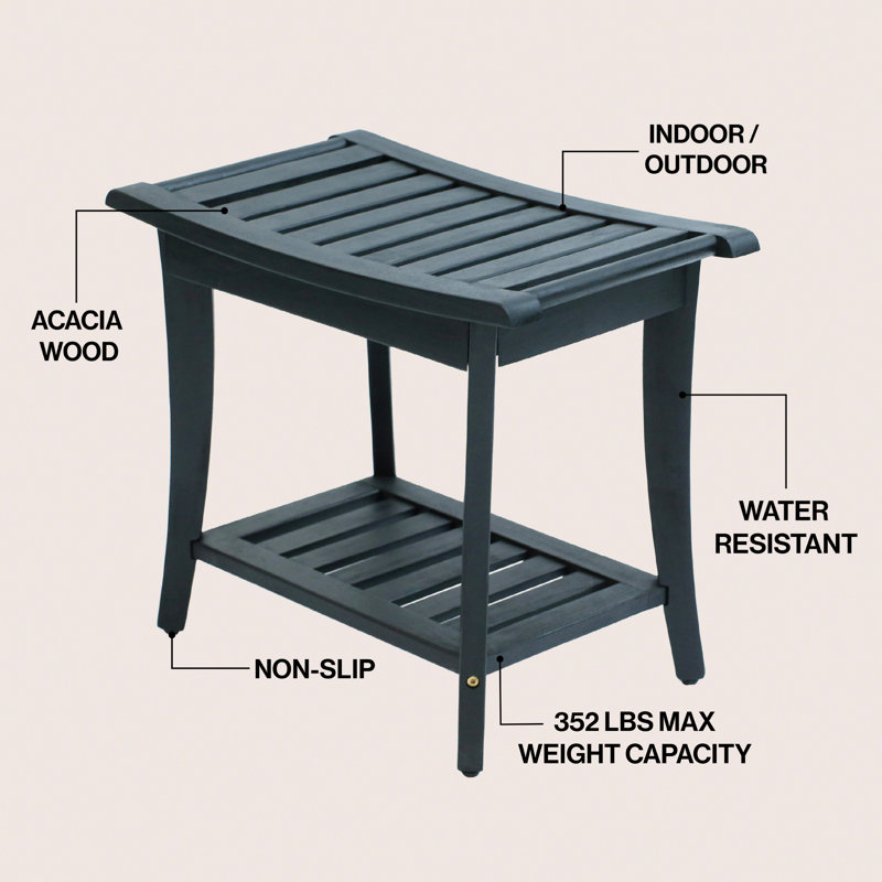 Tucker Modern 22" Black Acacia Wood Shower Bench with Storage Shelf, Water-Resistant 2-Tier Spa Bath Stool for Bathroom and Outdoor Use