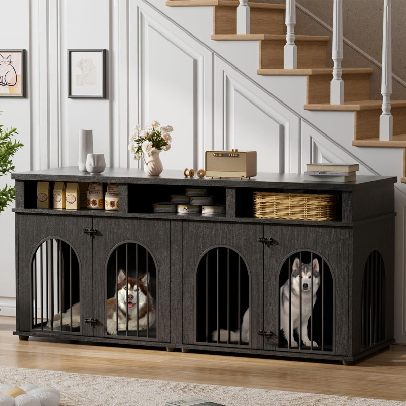 Meuble double 71 po pour 2 chiens de taille moyenne, chenil d'intérieur robuste avec 3 tablettes de rangement ouvertes, 8 pieds réglables, meuble télé en bois d'ingénierie