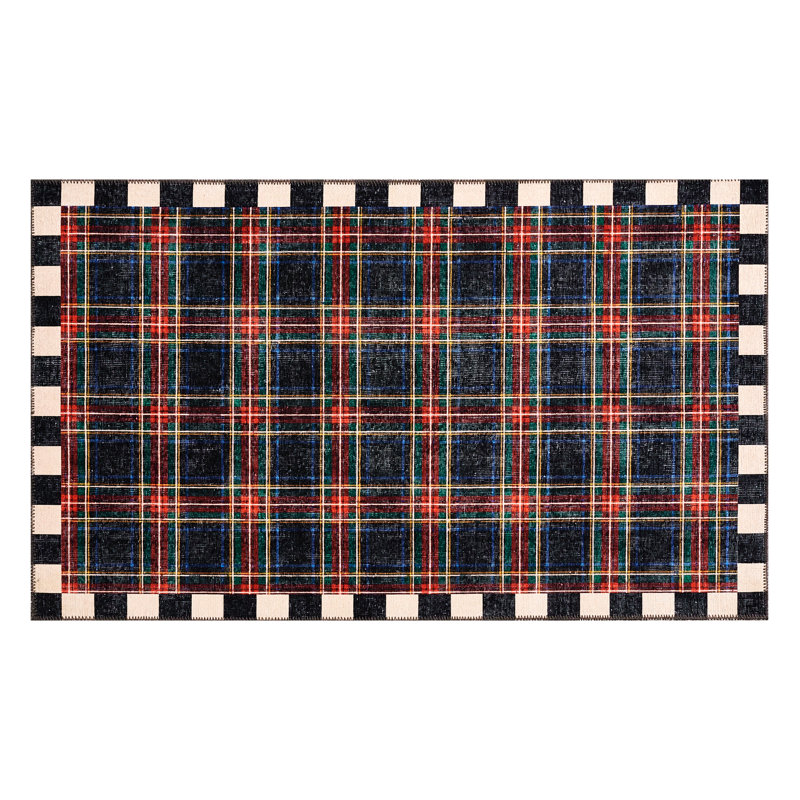 Stewart Tartan Black Washable Rug, Rectangle 3' x 5'