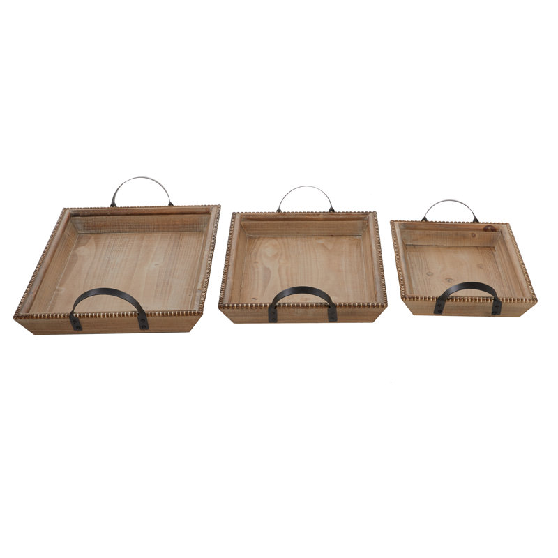 Wood Decor Brown Tray with Metal Handles Set