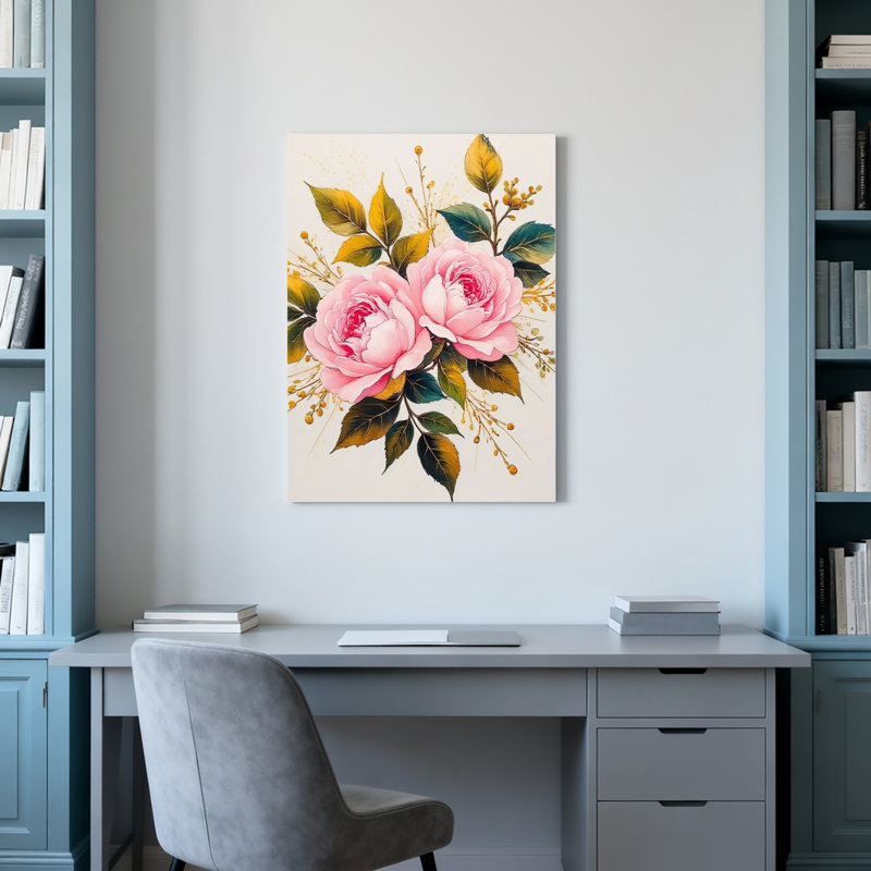 Ensemble de 1 tableau sur toile à motif floral de roses roses et de feuilles vertes, H 18 po x l 12 po