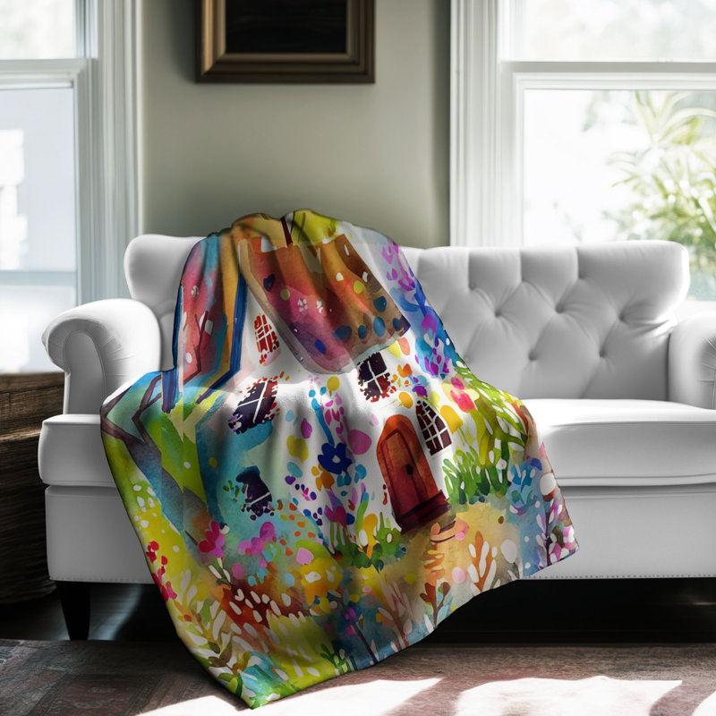 Motif Groovy - 1 pièce Sherpa Premium, Lit simple, Jaune / Bleu / Blanc