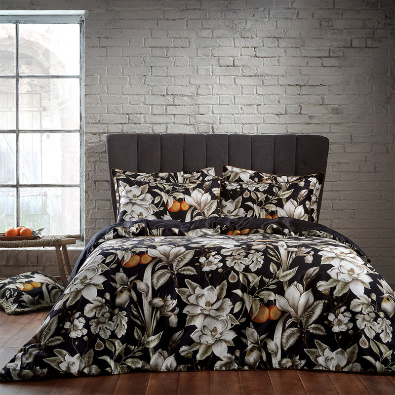 Cotton Floral Duvet Cover Set with Pillowcases, Double - 2 Standard Pillowcases, Black