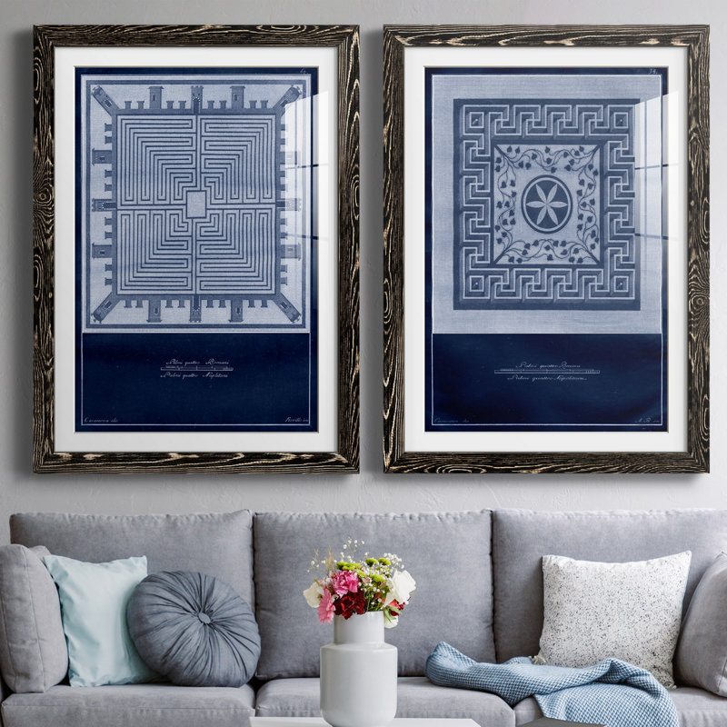 Indigo Tile I - 2 pièces, H 37,5 po x l 55 po x P 1,5 po, Papier encadré noir