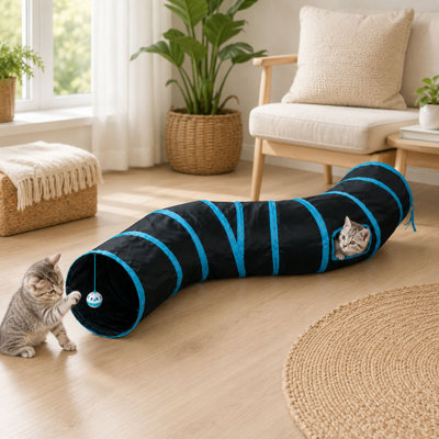 Blue and Black S-Shaped 2-Way Collapsible Cat Tunnel with Play Ball