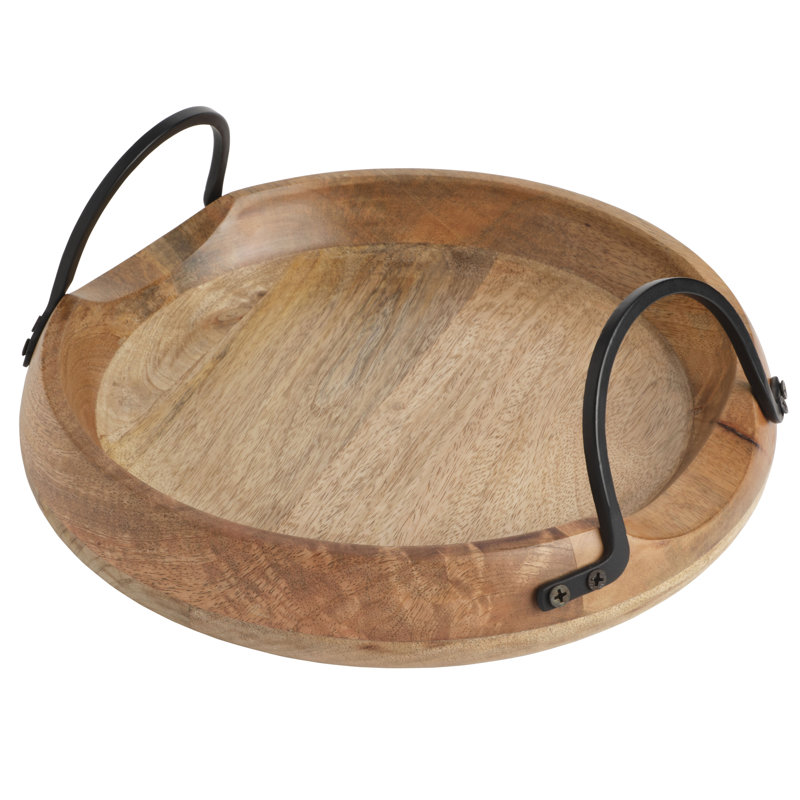 Knox Round Natural Mango Wood Serving Tray with Iron Handles