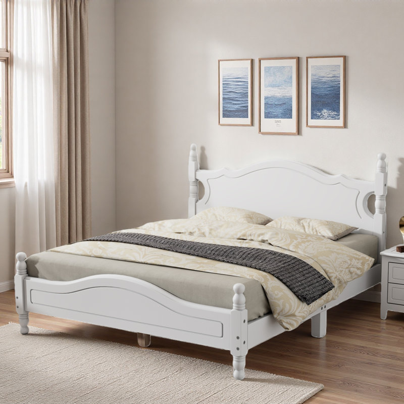 Lit plateforme de style rétro avec support en lattes de bois, Blanc, Queen