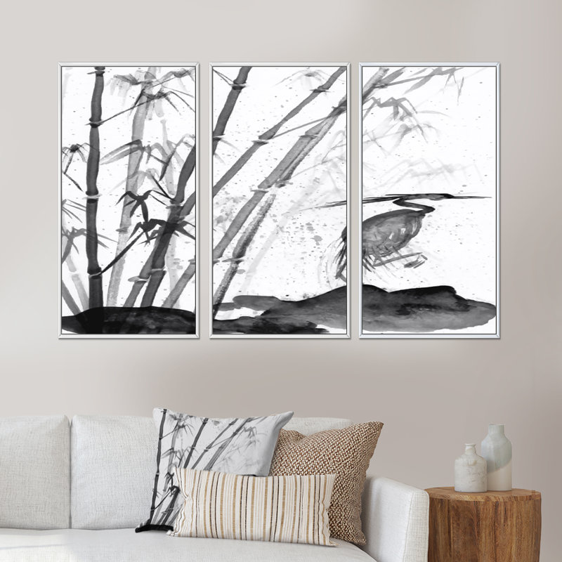 Monon héron et bambou - ensemble de 3 impressions sur toile flottante, H 20 po x l 36 po x P 1 po, Cadre blanc