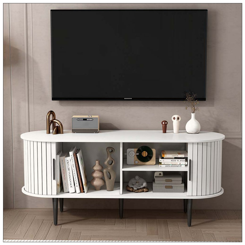 Meuble télé, console de télévision moderne 47 po avec compartiment de rangement et porte coulissante, centre de jeu avec armoire de jeu