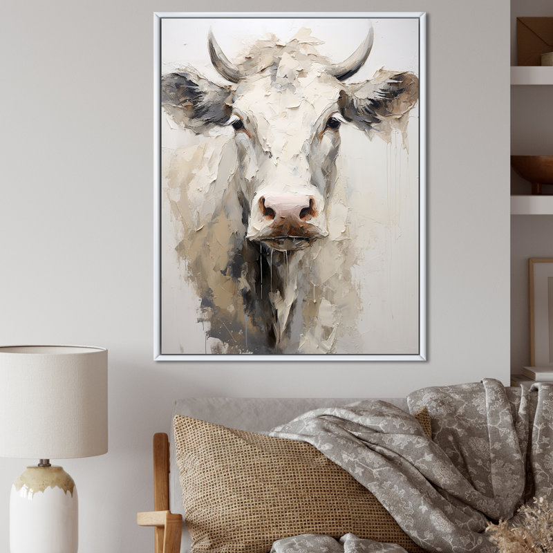 Portrait de vache minimaliste beige - impression, H 32 po x l 16 po x P 1 po, Cadre flottant blanc
